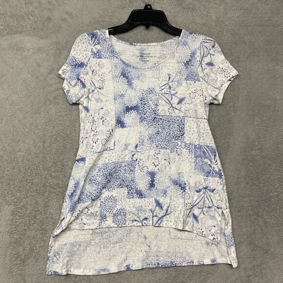 J Jill Top Womens S White Blue Patchwork Linen Rayon Floral Tee PureJill Shirt - Picture 1 of 7